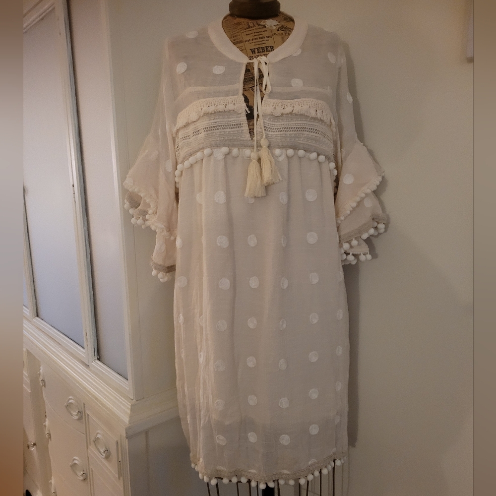 Allison New York Boho Tunic Dress Pom Pom polka dots tassels and Trim - Picture 4 of 15